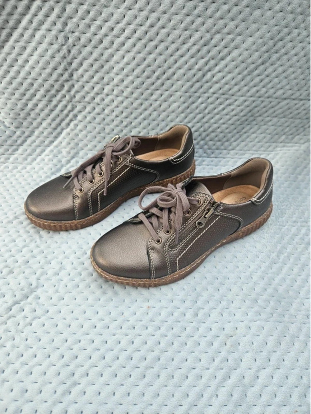 Clarks Caroline Janna Women’s Size 7 Metallic Pewter Leather Lace Up Sneakers